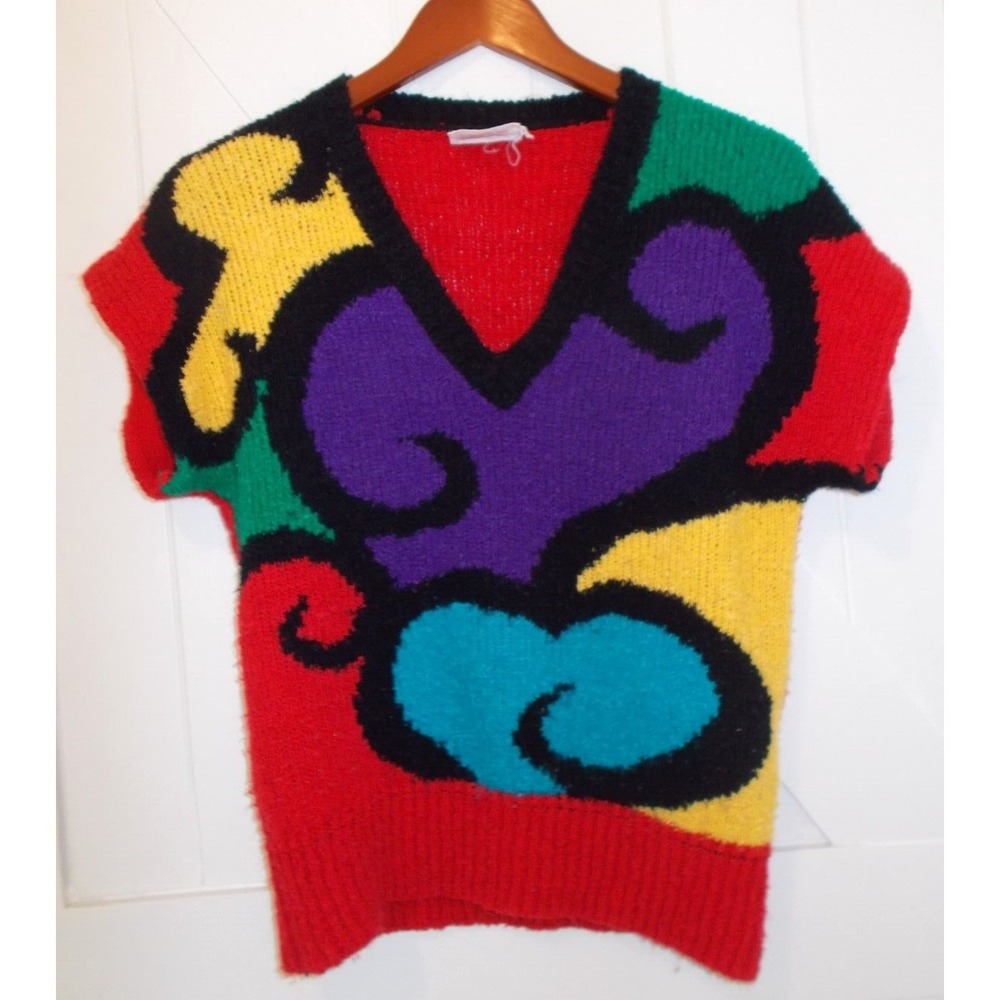 VTG Colorblock Short Sleeve Women's Retro Sweater V-Neck Size S